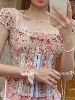 RomanceOFGIRL Floral Corset Top in Pink & Cream